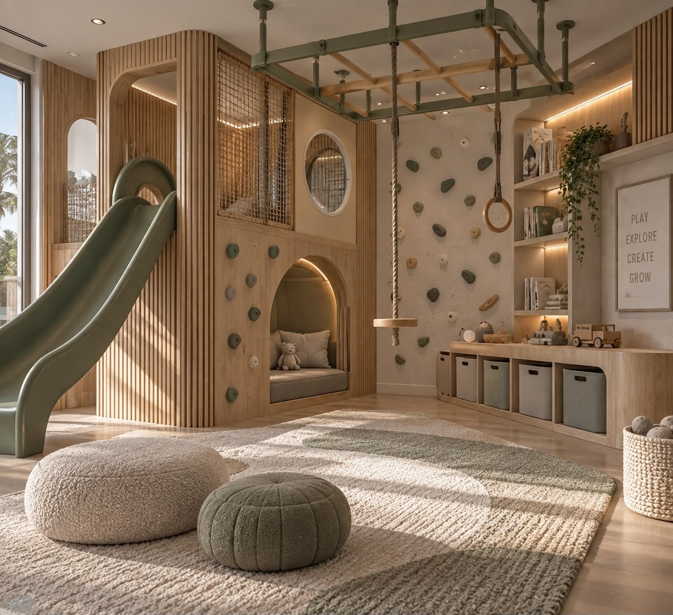Child playroom concept render - indoor playhouse with slide, climbing wall, and reading nook in warm wood and sage green