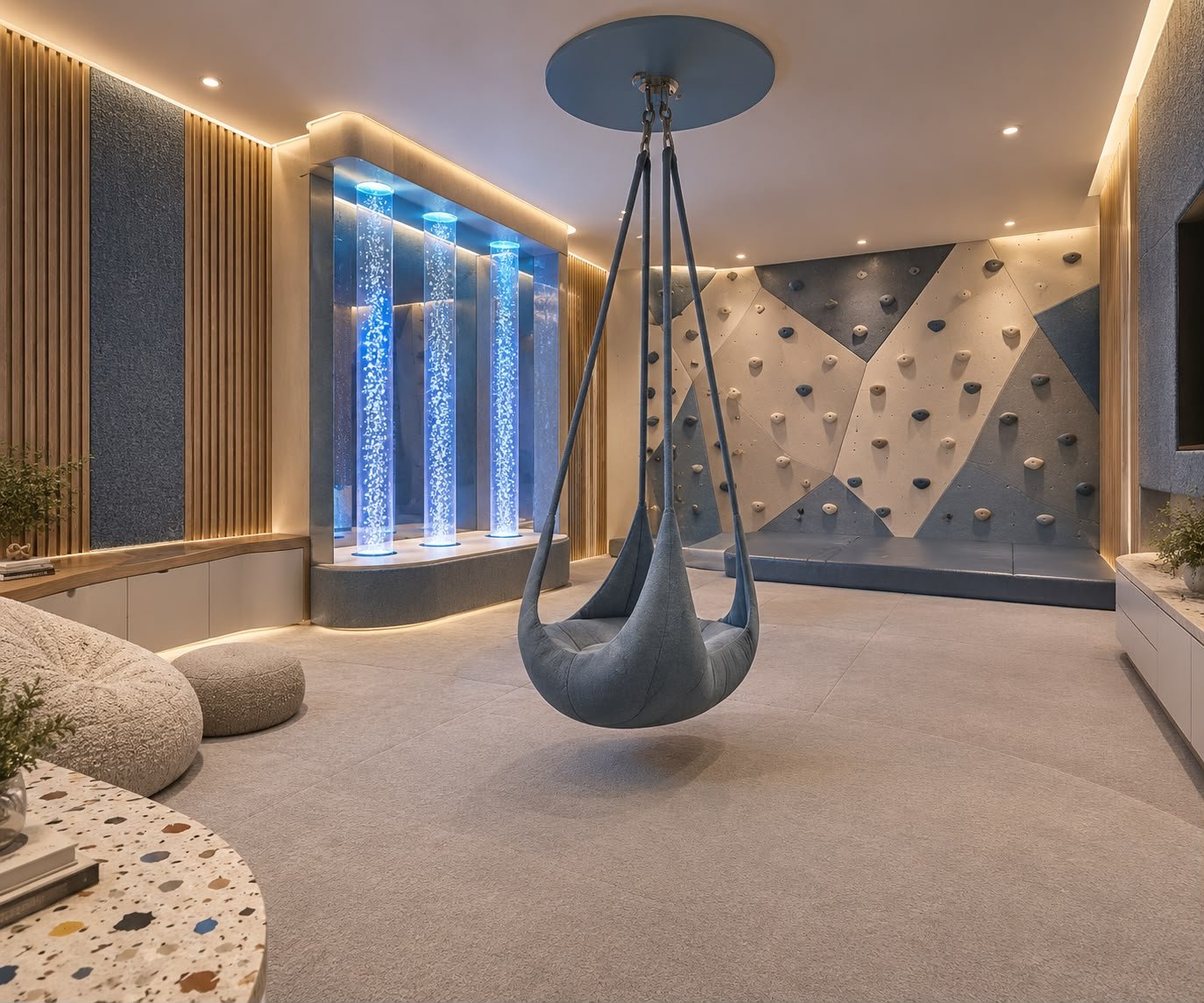 Sensory room concept render - bubble tubes, hanging pod swing, and climbing wall in warm wood and soft blue