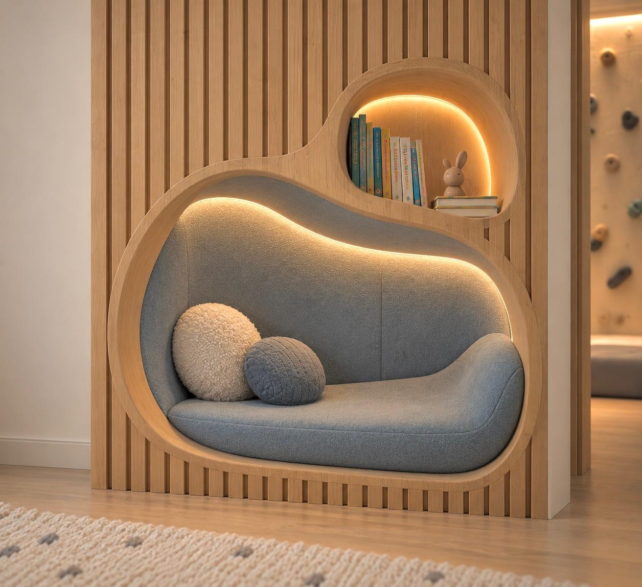Sensory retreat corner concept render - curved wood reading nook with soft cushions and warm lighting